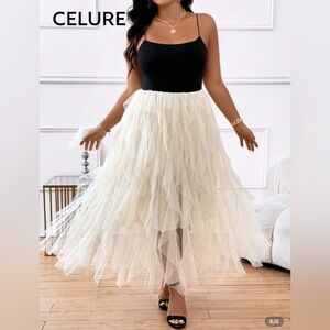 SHEIN Black & Cream Layered Tulle Maxi Skirt